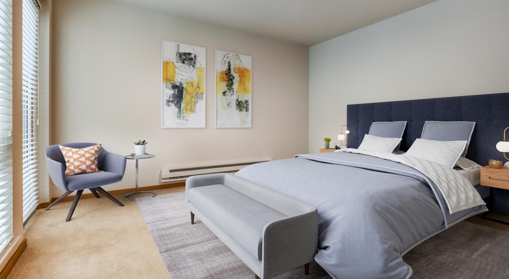 Sleep in style a bedroom with a bed and a chair