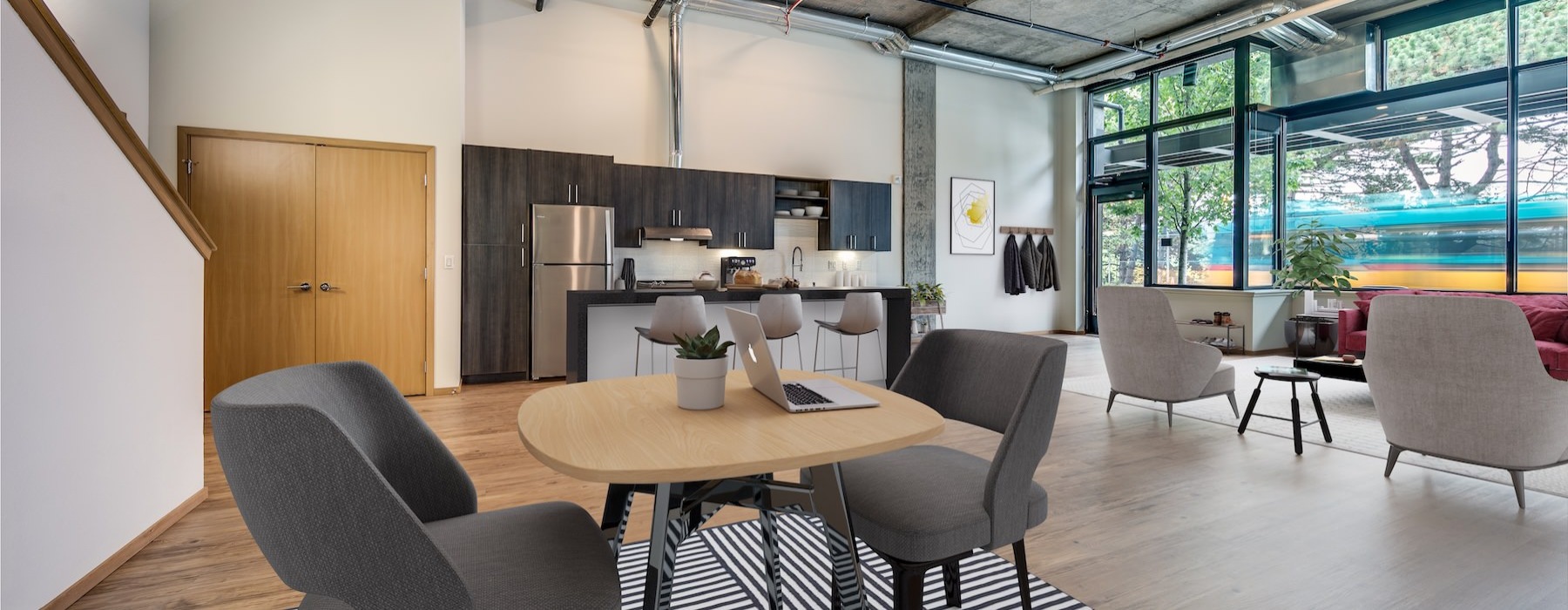 a room with a table and chairs