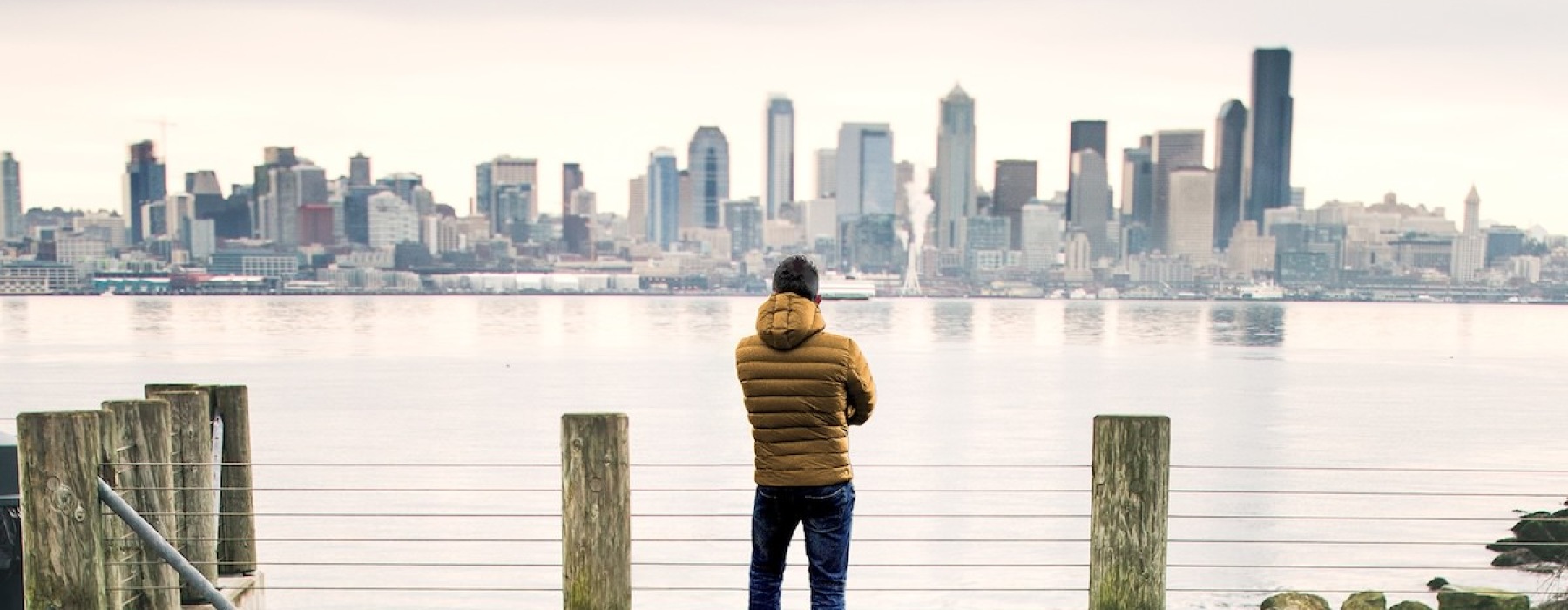 a man standing at a pier looking at a city