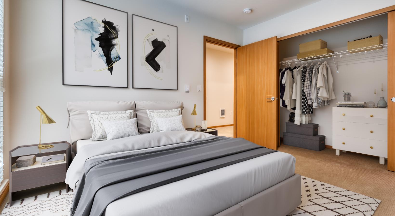 Generous bedroom offerings to fit every family a bedroom with a bed and a closet